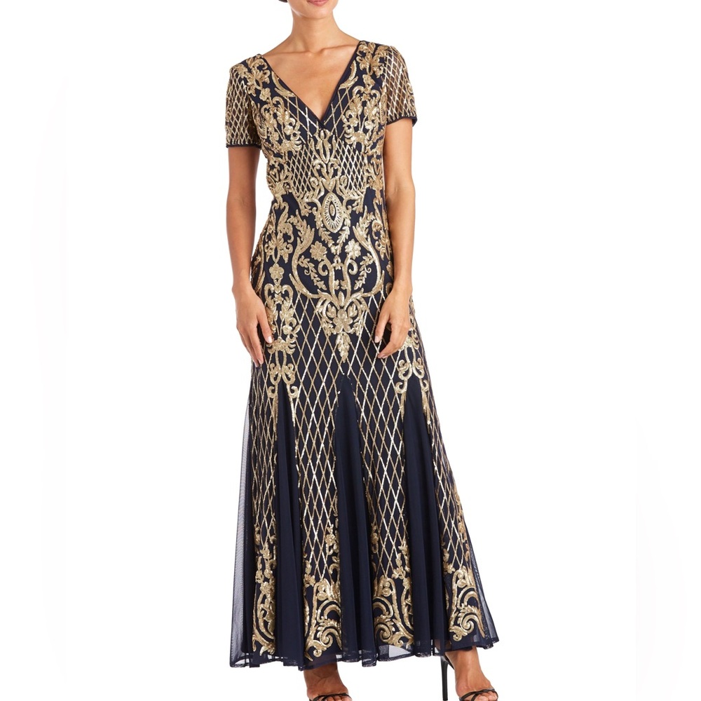 R&M Richards Navy Embroidered Gold Matte Sequins V-Neck Maxi Dress Gown sz 12P